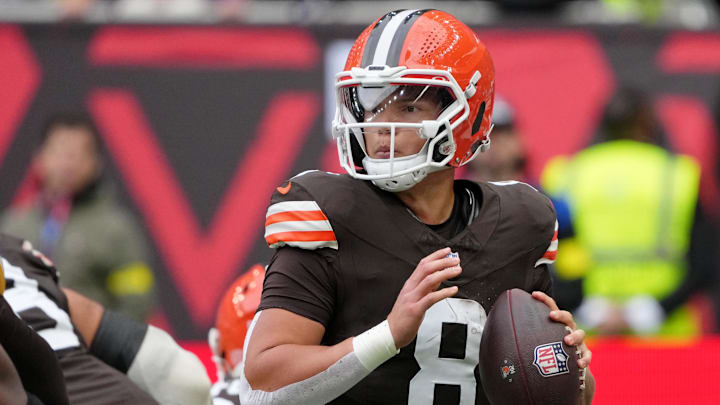 Oct 5, 2025; Tottenham, United Kingdom; Cleveland Browns quarterback Dillon Gabriel (8) looks to pass the ball against the Minnesota Vikings during the second quarter of an NFL International Series game at Tottenham Hotspur Stadium. Mandatory Credit: Kirby Lee-Imagn Images