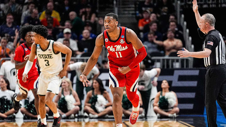 Ole Miss guard Matthew Murrell (11) celebrates a three point basket against Michigan State during the first half of the Sweet 16 round of NCAA tournament at State Farm Arena in Atlanta, Ga. on Friday, March 28, 2025. Ole Miss guard Matthew Murrell (11) celebrates a three point basket against Michigan State during the first half of the Sweet 16 round of NCAA tournament at State Farm Arena in Atlanta, Ga. on Friday, March 28, 2025.