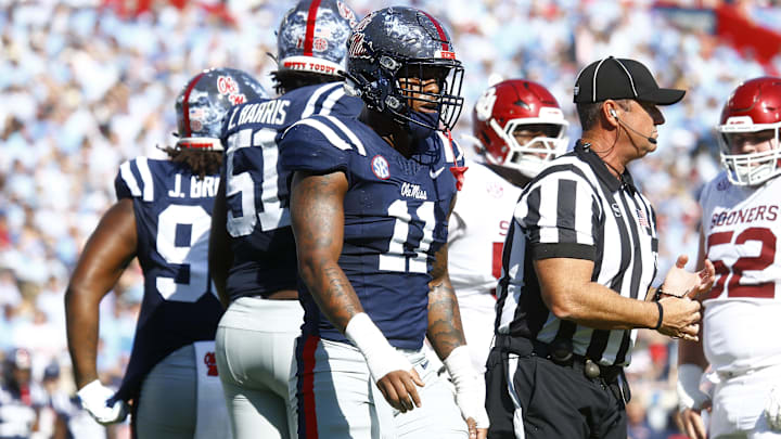Oct 26, 2024; Oxford, Mississippi, USA; Mississippi Rebels linebacker Chris Paul Jr. (11) waits for the snap during the first half against the Oklahoma Sooners at Vaught-Hemingway Stadium. Mandatory Credit: Petre Thomas-Imagn Images