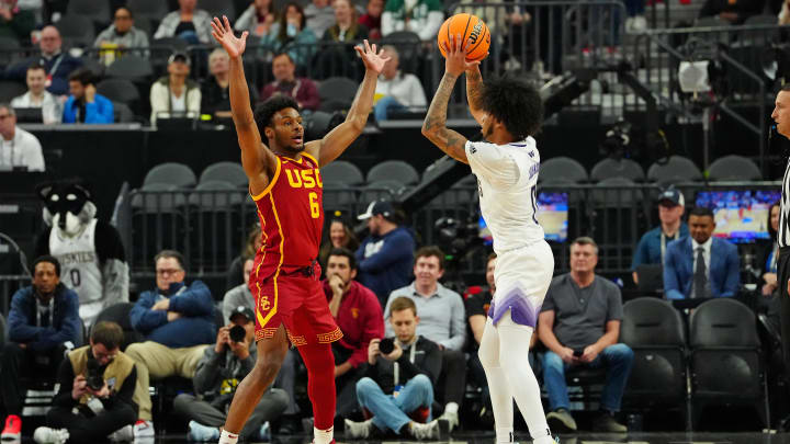 Mar 13, 2024; Las Vegas, NV, USA; USC Trojans guard Bronny James (6) defends against Washington.