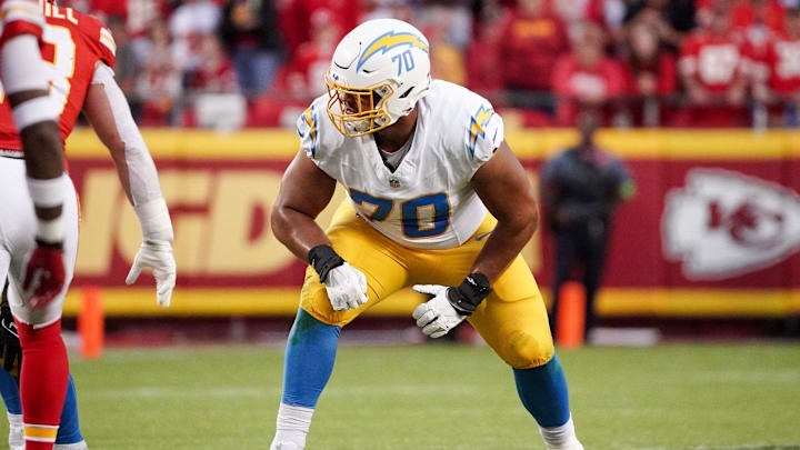 Oct 12, 2023; Kansas City, Missouri, USA; Los Angeles Chargers offensive tackle Rashawn Slater (70) lines up against the Kansas City Chiefs during the game at GEHA Field at Arrowhead Stadium. Mandatory Credit: Denny Medley-Imagn Images
