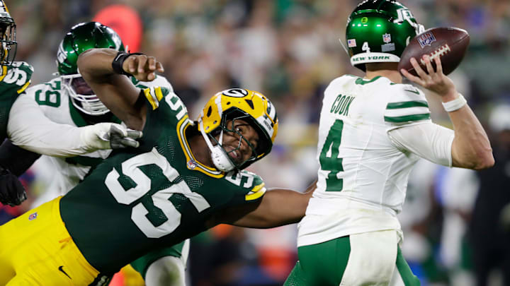Green Bay Packers defensive end Kingsley Enagbare (55) pressures New York Jets quarterback Brady Cook on Saturday. Green Bay Packers defensive end Kingsley Enagbare (55) pressures New York Jets quarterback Brady Cook on Saturday.