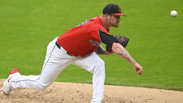 May 12, 2025; Cleveland, Ohio, USA; Cleveland Guardians starting pitcher Ben Lively (39) delivers a pitch in the second inning against the Milwaukee Brewers at Progressive Field. Mandatory Credit: David Richard-Imagn Images