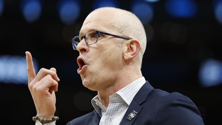 Mar 29, 2026; Washington, DC, USA; UConn Huskies head coach Dan Hurley looks on against the Duke Blue Devils in the first half during an Elite Eight game of the East Regional of the men's 2026 NCAA Tournament at Capital One Arena. Mandatory Credit: Amber Searls-Imagn Images