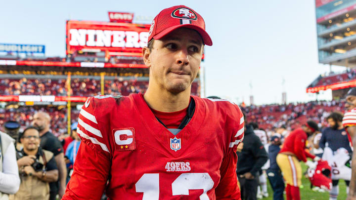 Dec 8, 2024; Santa Clara, California, USA; San Francisco 49ers quarterback Brock Purdy (13) looks on after the game against the Chicago Bears at Levi's Stadium. Mandatory Credit: Bob Kupbens-Imagn Images Dec 8, 2024; Santa Clara, California, USA; San Francisco 49ers quarterback Brock Purdy (13) looks on after the game against the Chicago Bears at Levi's Stadium. Mandatory Credit: Bob Kupbens-Imagn Images