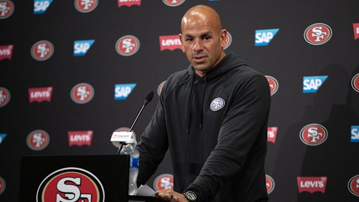 Jun 11, 2025; Santa Clara, CA, USA; San Francisco 49ers defensive coordinator Robert Saleh speaks to the media following a team OTA at Levi's Stadium. Mandatory Credit: D. Ross Cameron-Imagn Images