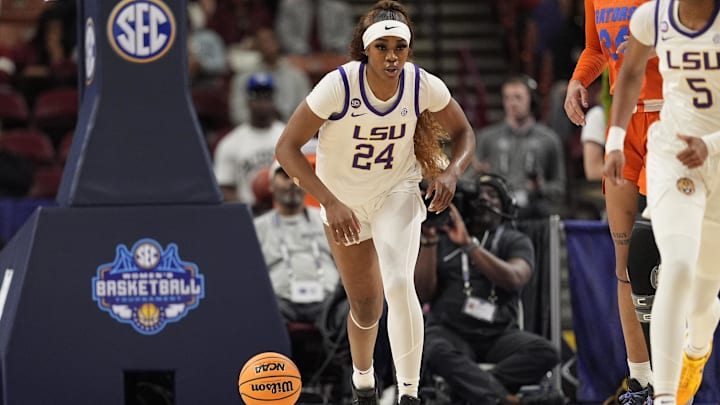 Mar 7, 2025; Greenville, SC, USA; LSU Lady Tigers guard Aneesah Morrow (24) brings the ball up court against the Florida Gators during the first half at Bon Secours Wellness Arena. Mandatory Credit: Jim Dedmon-Imagn Images Mar 7, 2025; Greenville, SC, USA; LSU Lady Tigers guard Aneesah Morrow (24) brings the ball up court against the Florida Gators during the first half at Bon Secours Wellness Arena. Mandatory Credit: Jim Dedmon-Imagn Images