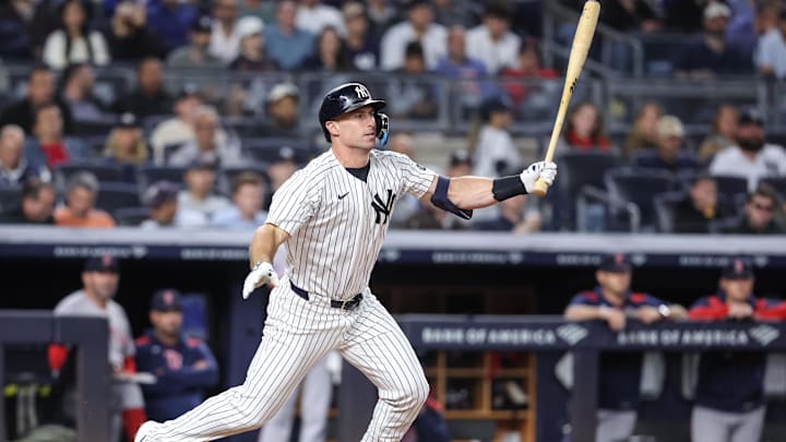Aug 21, 2025; Bronx, New York, USA;  New York Yankees first base Paul Goldschmidt (48) hits an RBI single in the fourth inning against the Boston Red Sox at Yankee Stadium. Mandatory Credit: Wendell Cruz-Imagn Images