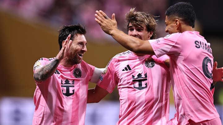 Lionel Messi, Benjamin Cremaschi and Luis Suarez celebrate a goal in Inter Miami CF's 2-1 Club World Cup win against Porto FC.