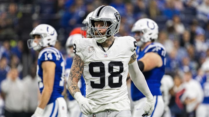 Dec 31, 2023; Indianapolis, Indiana, USA; Las Vegas Raiders defensive end Maxx Crosby (98) in the first half against the Indianapolis Colts at Lucas Oil Stadium.