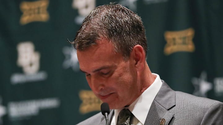 Jul 18, 2016; Dallas, TX, USA; Baylor Bears new athletic director Mack Rhoades reacts at a press conference during the Big 12 Media Days at Omni Dallas Hotel. Mandatory Credit: Kevin Jairaj-Imagn Images Jul 18, 2016; Dallas, TX, USA; Baylor Bears new athletic director Mack Rhoades reacts at a press conference during the Big 12 Media Days at Omni Dallas Hotel. Mandatory Credit: Kevin Jairaj-Imagn Images