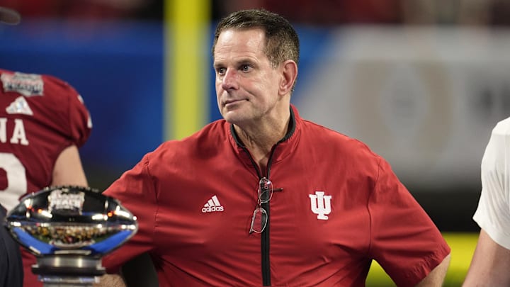 Jan 9, 2026; Atlanta, GA, USA; Indiana Hoosiers head coach Curt Cignetti reacts on stage after the 2025 Peach Bowl and semifinal game of the College Football Playoff against the Oregon Ducks at Mercedes-Benz Stadium. Mandatory Credit: Dale Zanine-Imagn Images