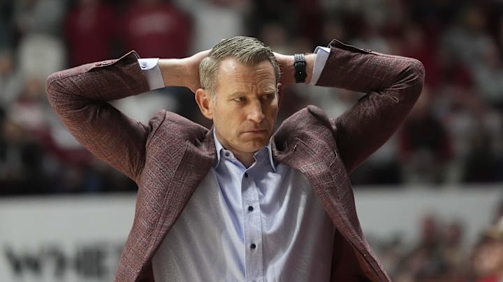 Jan 25, 2025; Tuscaloosa, AL, USA; Alabama head coach Nate Oats reacts after an Alabama player was called for a foul on a missed three point shot by LSU at Coleman Coliseum. Alabama defeated LSU 80-73. Mandatory Credit: Gary Cosby Jr.- Imagn Images Jan 25, 2025; Tuscaloosa, AL, USA; Alabama head coach Nate Oats reacts after an Alabama player was called for a foul on a missed three point shot by LSU at Coleman Coliseum. Alabama defeated LSU 80-73. Mandatory Credit: Gary Cosby Jr.- Imagn Images