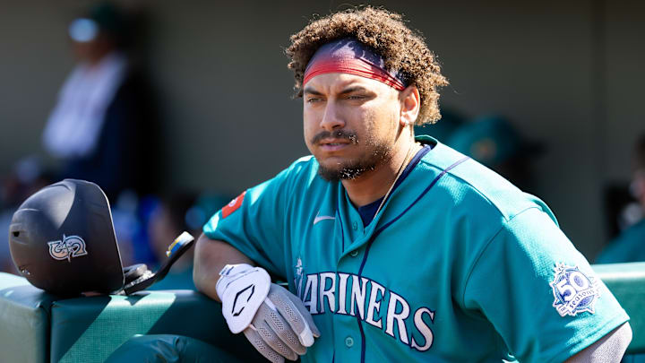 Feb 25, 2026: Seattle Mariners infielder Josh Naylor against the Kansas City Royals during a spring training game at Surprise Stadium. Feb 25, 2026: Seattle Mariners infielder Josh Naylor against the Kansas City Royals during a spring training game at Surprise Stadium.