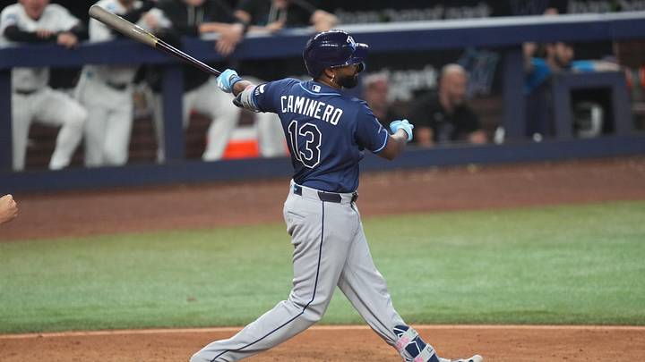 Jun 6, 2026; Miami, Florida, USA; Tampa Bay Rays third baseman Junior Caminero (13) strikes out to end the game against the Miami Marlins at loanDepot Park. Mandatory Credit: Jim Rassol-Imagn Images Jun 6, 2026; Miami, Florida, USA; Tampa Bay Rays third baseman Junior Caminero (13) strikes out to end the game against the Miami Marlins at loanDepot Park. Mandatory Credit: Jim Rassol-Imagn Images