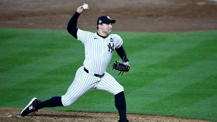 Oct 30, 2024; New York, New York, USA; New York Yankees pitcher Tommy Kahnle (41) throws during the eighth inning against the Los Angeles Dodgers in game five of the 2024 MLB World Series at Yankee Stadium. Mandatory Credit: Wendell Cruz-Imagn Images