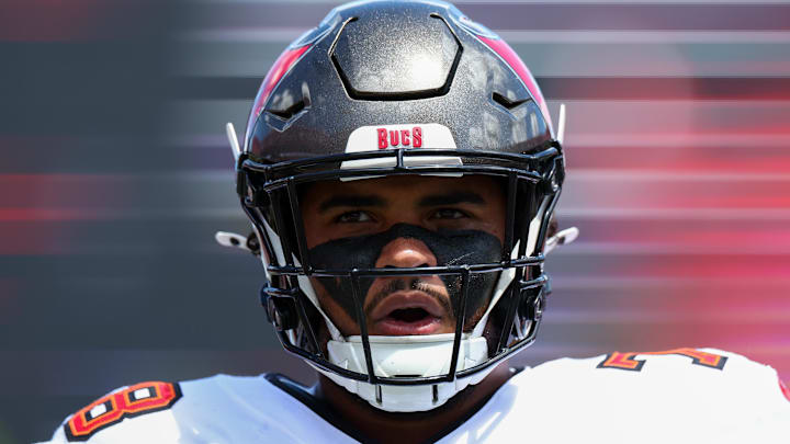 Sep 22, 2024; Tampa, Florida, USA; Tampa Bay Buccaneers offensive tackle Tristan Wirfs (78) warms up   before a game against the Denver Broncos at Raymond James Stadium. Mandatory Credit: Nathan Ray Seebeck-Imagn Images