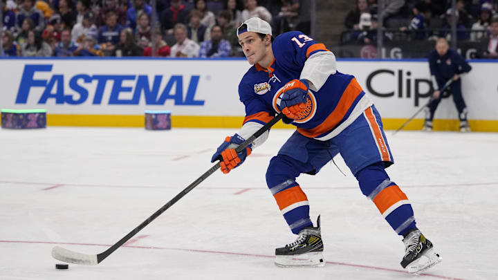 Feb 2, 2024; Toronto, Ontario, CANADA; New York Islanders center Mathew Barzal (13) during the