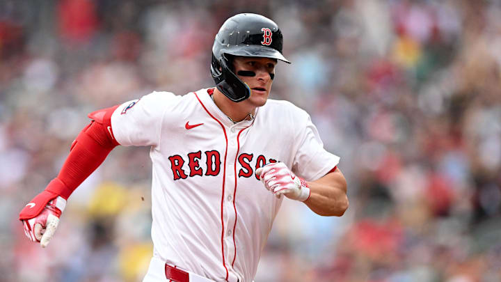 Jul 27, 2025; Boston, Massachusetts, USA; Boston Red Sox right fielder Roman Anthony (19) runs the bases after hitting a RBI triple against the Los Angeles Dodgers during the fifth inning at Fenway Park. Mandatory Credit: Brian Fluharty-Imagn Images Jul 27, 2025; Boston, Massachusetts, USA; Boston Red Sox right fielder Roman Anthony (19) runs the bases after hitting a RBI triple against the Los Angeles Dodgers during the fifth inning at Fenway Park. Mandatory Credit: Brian Fluharty-Imagn Images