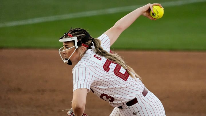 Feb 27, 2026; Tuscaloosa, AL, USA; Alabama pitcher Jocelyn Briski pitches a two-hit shutout against St. Thomas in the Crimson Classic at Rhoads Stadium. Briski struck our 13 batters.