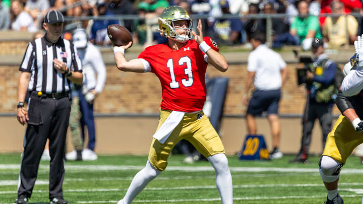 Apr 25, 2026; Notre Dame, IN, USA; Notre Dame Fighting Irish quarterback CJ Carr (13) throws a pass during the Blue-Gold game at Notre Dame Stadium. Mandatory Credit: Michael Caterina-Imagn Images