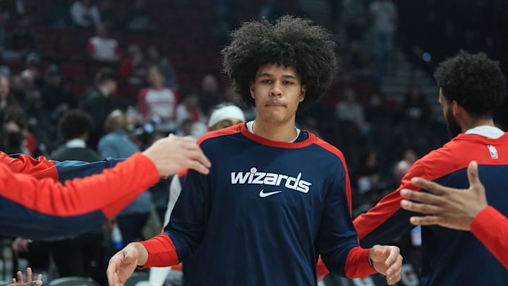 Mar 17, 2025; Portland, Oregon, USA; Washington Wizards forward Kyshawn George (18) is introduced before the game against the Portland Trail Blazers at Moda Center. Mandatory Credit: Soobum Im-Imagn Images Mar 17, 2025; Portland, Oregon, USA; Washington Wizards forward Kyshawn George (18) is introduced before the game against the Portland Trail Blazers at Moda Center. Mandatory Credit: Soobum Im-Imagn Images