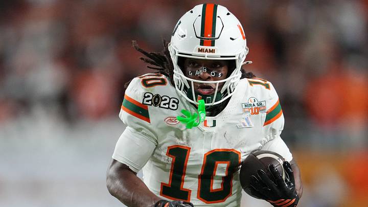 Miami Hurricanes wide receiver Malachi Toney (10) runs with the ball against the Indiana Hoosiers during the second half of the College Football Playoff National Championship game. Miami Hurricanes wide receiver Malachi Toney (10) runs with the ball against the Indiana Hoosiers during the second half of the College Football Playoff National Championship game.