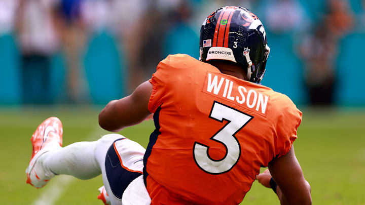 September 24, 2023; Miami Gardens, FL; Russell Wilson during the Denver Broncos' Week 3 loss to the Miami Dolphins