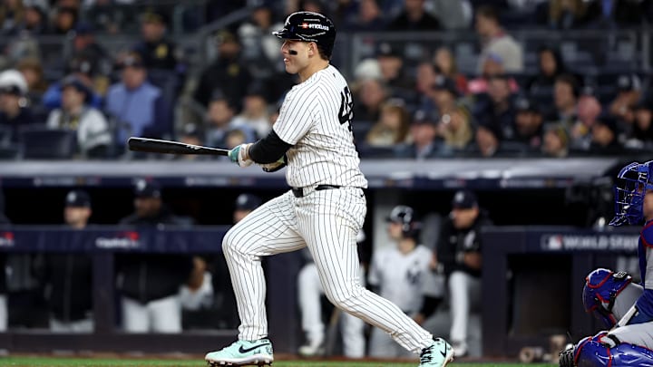 Oct 28, 2024; New York, New York, USA; New York Yankees first baseman Anthony Rizzo (48) singles during the seventh inning against the Los Angeles Dodgers in game three of the 2024 MLB World Series at Yankee Stadium. 