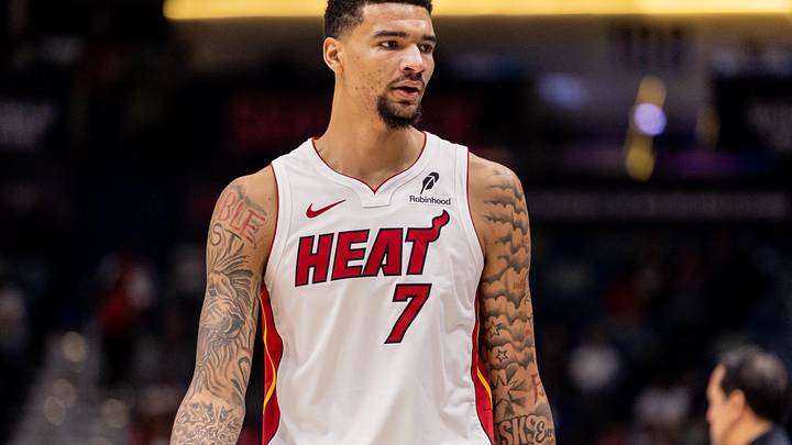 Feb 11, 2026; New Orleans, Louisiana, USA; Miami Heat center Kel'el Ware (7) looks on against the New Orleans Pelicans during the first half at Smoothie King Center. Mandatory Credit: Stephen Lew-Imagn Images