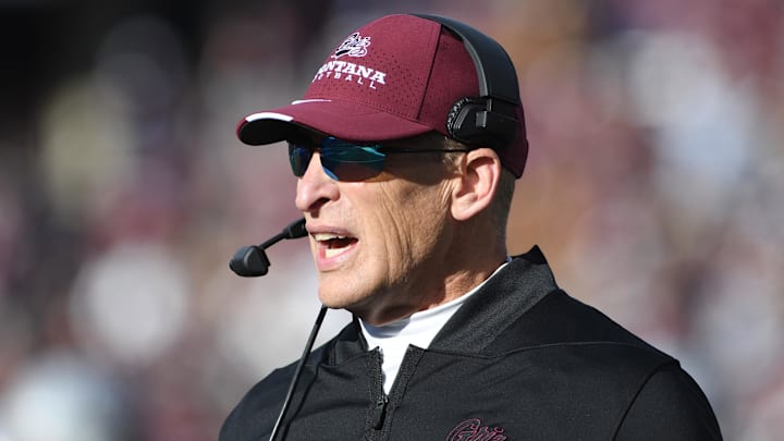 Nov 22, 2025; Missoula, MT, USA; Montana Grizzlies head coach Bobby Hauck looks on during the first half against the Montana State Bobcats at Washington-Grizzly Stadium. Mandatory Credit: Michael Thomas Shroyer-Imagn Images
