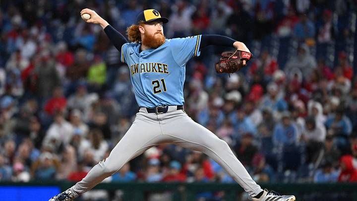 Sep 22, 2026; Philadelphia, Pennsylvania, USA; Milwaukee Brewers pitcher Dustin May (21) throws a pitch during the first inning against the Philadelphia Phillies at Citizens Bank Park. Mandatory Credit: Eric Hartline-Imagn Images