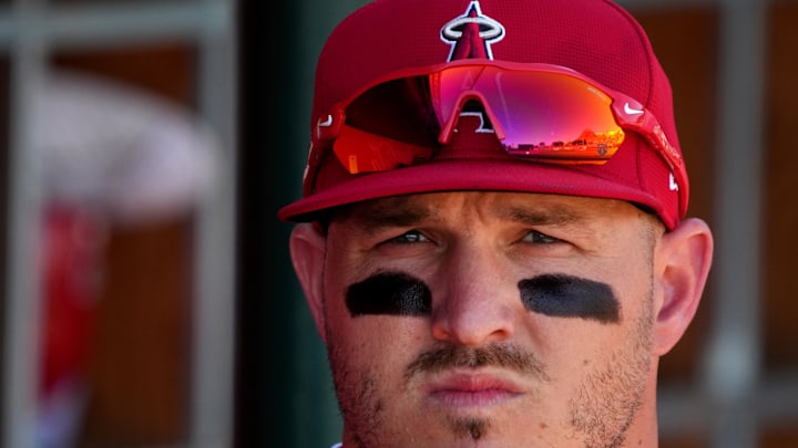 March 9, 2025; Tempe, Arizona, USA; Los Angeles Angels outfielder Mike Trout (27) gets ready for a game against the Cincinnati Reds at Tempe Diablo Stadium. Mandatory Credit: Rick Scuteri-Imagn Images