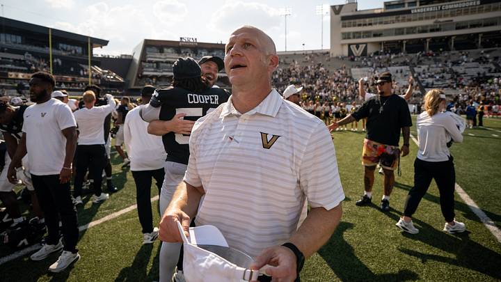 Vanderbilt coach Clark Lea celebrates after defeating NC State at FirstBank Stadium in Nashville, Tenn., Saturday, Sept. 19, 2026. Vanderbilt coach Clark Lea celebrates after defeating NC State at FirstBank Stadium in Nashville, Tenn., Saturday, Sept. 19, 2026.