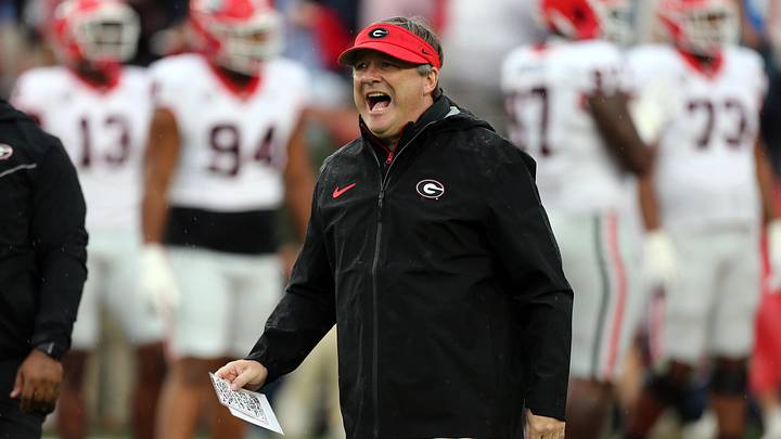 Nov 9, 2024; Oxford, Mississippi, USA; Georgia Bulldogs head coach Kirby Smart reacts during warm ups prior to the game against the Mississippi Rebels at Vaught-Hemingway Stadium. Mandatory Credit: Petre Thomas-Imagn Images Nov 9, 2024; Oxford, Mississippi, USA; Georgia Bulldogs head coach Kirby Smart reacts during warm ups prior to the game against the Mississippi Rebels at Vaught-Hemingway Stadium. Mandatory Credit: Petre Thomas-Imagn Images