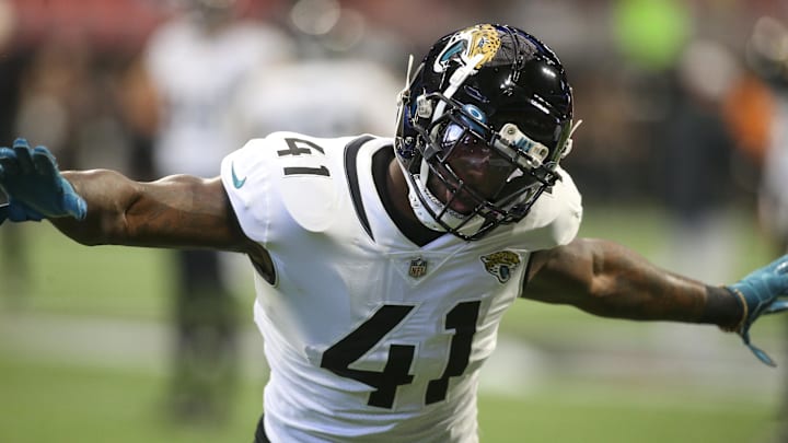 Aug 27, 2022; Atlanta, Georgia, USA; Jacksonville Jaguars linebacker Josh Allen (41) warms up before