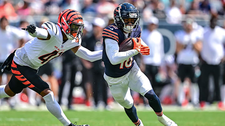 Aug 17, 2024; Chicago, Illinois, USA; Chicago Bears wide receiver Tyler Scott (10) runs after a catch against the Cincinnati Bengals during the third quarter at Soldier Field.