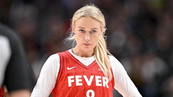 Indiana Fever guard Sophie Cunningham (8) looks on during the second half against the Dallas Wings at the American Airlines Center.