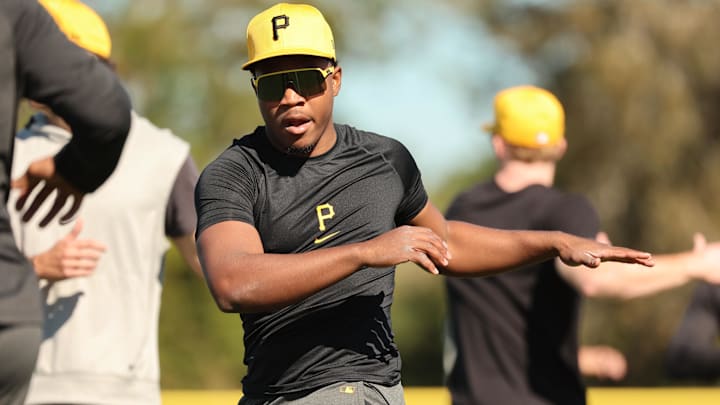 Feb 14, 2024; Bradenton, FL, USA; Pittsburgh Pirates infielder Termarr Johnson works out at Pirate City. Mandatory Credit: Kim Klement Neitzel-Imagn Images