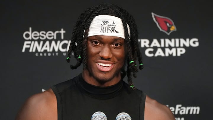 Jul 23, 2025; Phoenix, Ariz, U.S; Arizona Cardinals receiver Marvin Harrison Jr. speaks during a news conference at State Farm Stadium.