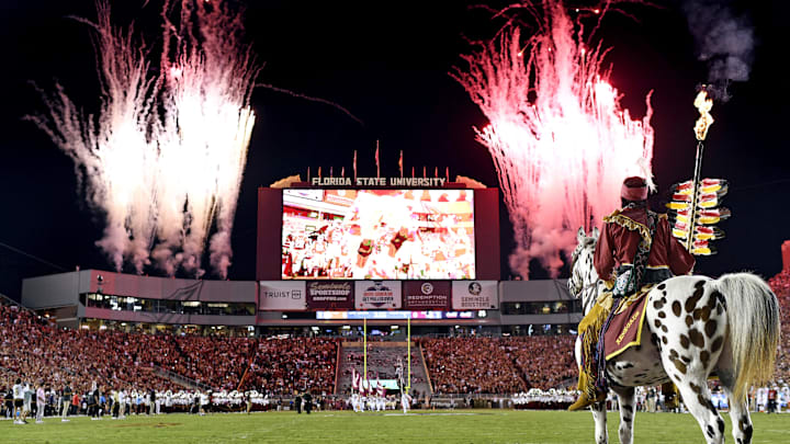 Oct 15, 2022; Tallahassee, Florida, USA; Florida State Seminoles symbols Osceola and Renegade watch as the team come out of the tunnel before a game against the Clemson Tigers at Doak S. Campbell Stadium. Mandatory Credit: Melina Myers-Imagn Images