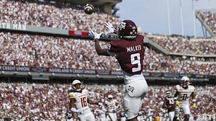Texas A&M Aggies wide receiver Jahdae Walker (9) makes a reception for a touchdown during the first quarter against the Louisiana Monroe Warhawks at Kyle Field.