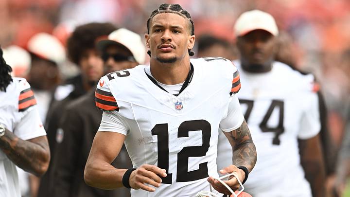 Aug 22, 2026; Cleveland, Ohio, USA; Cleveland Browns wide receiver Denzel Boston (12) during the first half at Huntington Bank Field. Aug 22, 2026; Cleveland, Ohio, USA; Cleveland Browns wide receiver Denzel Boston (12) during the first half at Huntington Bank Field.
