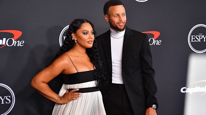 Golden State Warriors player Stephen Curry and wife Ayesha Curry arrive at the Red Carpet for the 2022 ESPY at Dolby Theater.