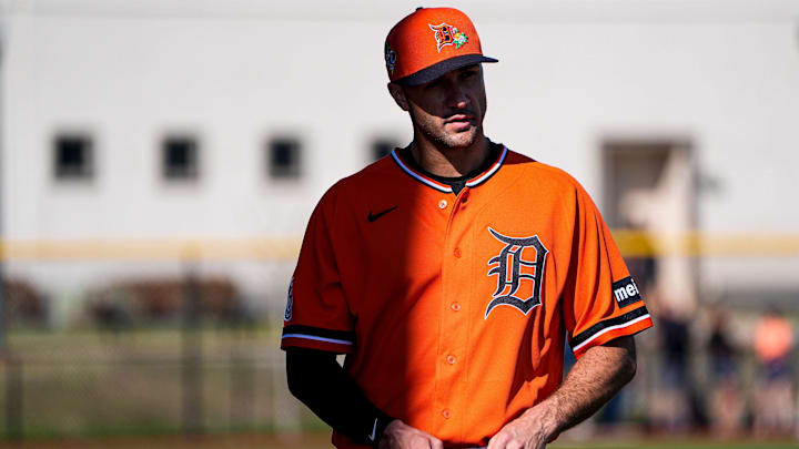 Detroit Tigers pitcher Jack Flaherty walks towards practice during spring training at TigerTown in Lakeland, Fla. on Friday, Feb. 20, 2026.