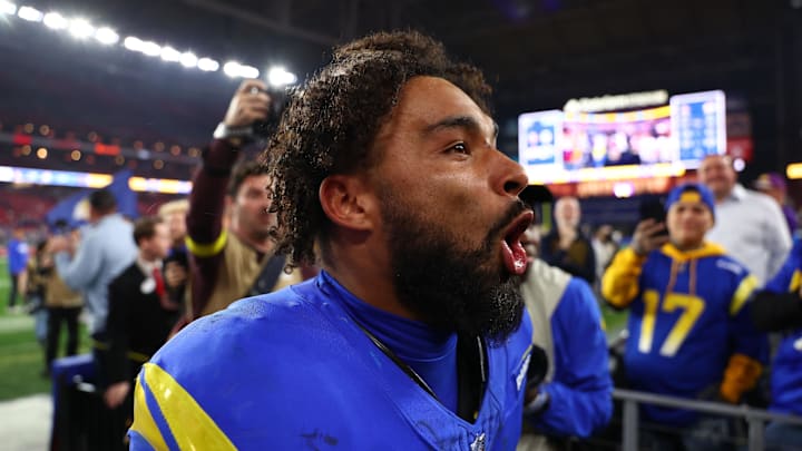 Jan 13, 2025; Glendale, AZ, USA; Los Angeles Rams running back Kyren Williams (23) reacts after the NFC wild card game against the Minnesota Vikings at State Farm Stadium. Mandatory Credit: Mark J. Rebilas-Imagn Images