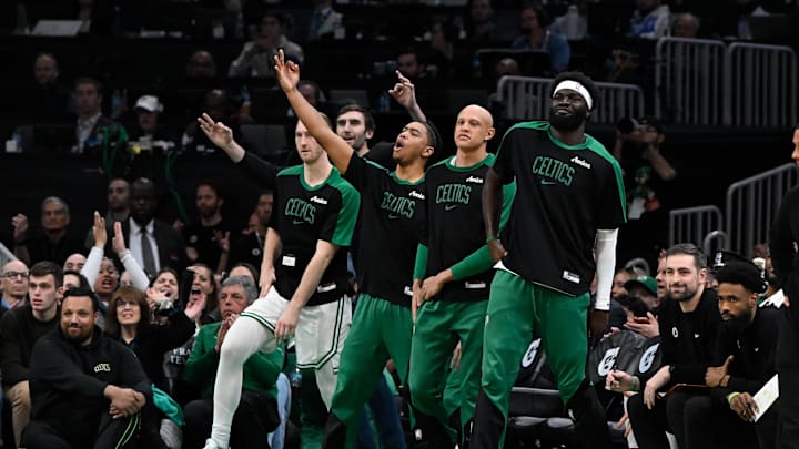 The Boston Celtics bench reacts to game action against the Minnesota Timberwolves during the second half at TD Garden. 