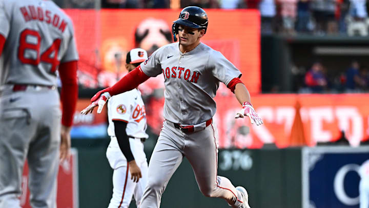 Aug 27, 2025; Baltimore, Maryland, USA;  Boston Red Sox outfielder Roman Anthony (19) rounds the bases on a solo home run during the first inning against the Baltimore Orioles at Oriole Park at Camden Yards. Mandatory Credit: James A. Pittman-Imagn Images