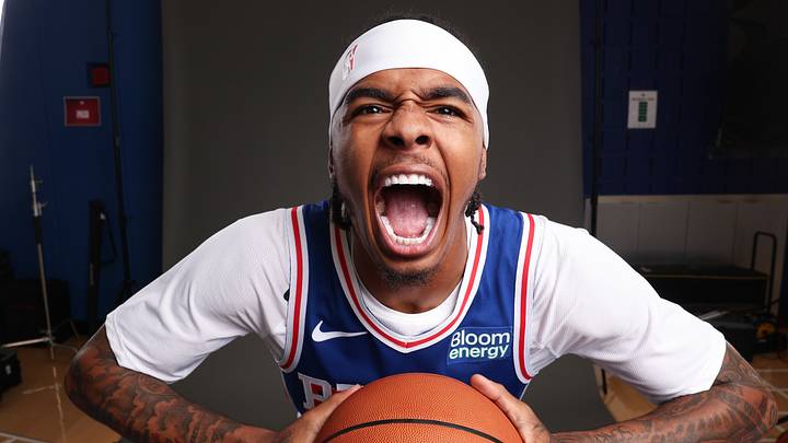 Sep 28, 2026; Camden, NJ, USA; Philadelphia 76ers Labaron Philon poses for a photo during media day. Mandatory Credit: Bill Streicher-Imagn Images