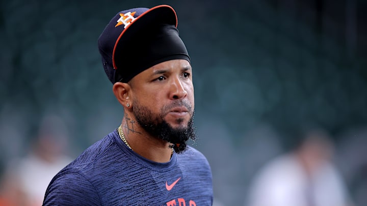 Jun 1, 2024; Houston, Texas, USA; Houston Astros first baseman Jose Abreu (79) looks on before a game against the Minnesota Twins at Minute Maid Park. Mandatory Credit: Erik Williams-USA TODAY Sports